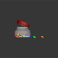 Silver Storage Jar With Open Red Lid And Colorful Small Round Pieces On Black Surface