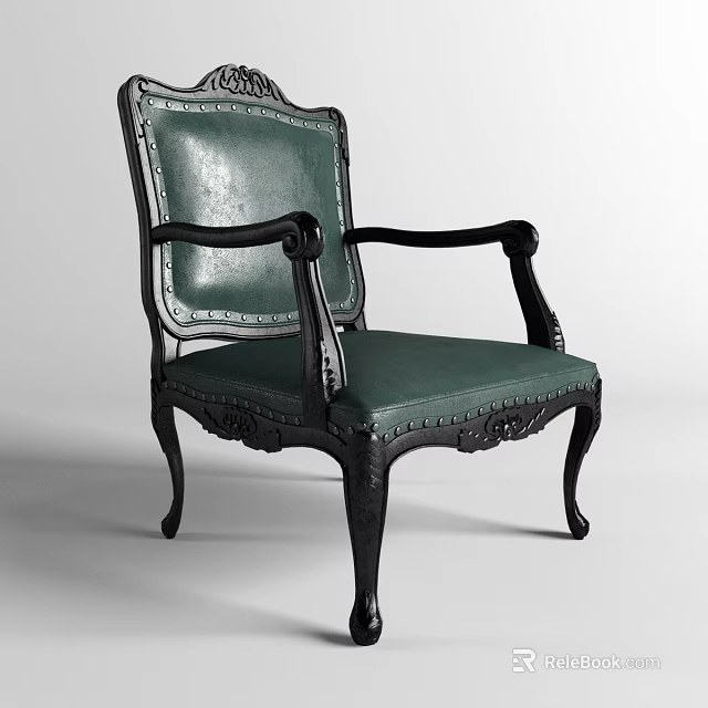 Green Leather Upholstered Leisure Chair With Dark Wooden Carved Frame And Armrests 3d model 