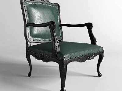 Green Leather Upholstered Leisure Chair With Dark Wooden Carved Frame And Armrests 3d model
