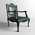 Green Leather Upholstered Leisure Chair With Dark Wooden Carved Frame And Armrests