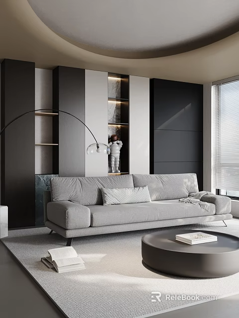 Modern Living Room Interior With Gray Sofa Floor Lamp Marble Shelves And Window Blinds 3d model 