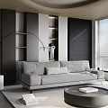 Modern Living Room Interior With Gray Sofa Floor Lamp Marble Shelves And Window Blinds