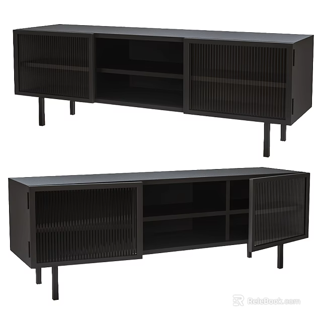 Modern Black TV Stand With Slatted Doors Storage Shelves And Metal Legs 3d model 