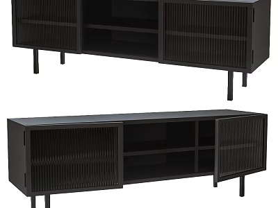 Modern Black TV Stand With Slatted Doors Storage Shelves And Metal Legs 3d model