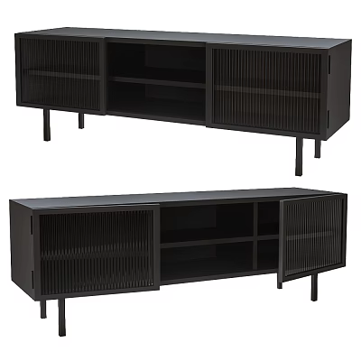 Modern Black TV Stand With Slatted Doors Storage Shelves And Metal Legs 3d model