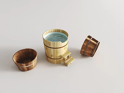 Traditional Wooden Bucket and Basin with Water and Small Steps 3d model