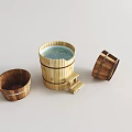 Traditional Wooden Bucket and Basin with Water and Small Steps