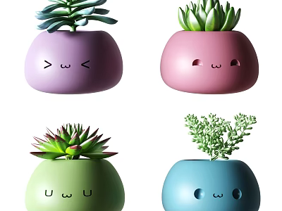 Cute Multi Colored Potted Bonsai Plants With Emoji Faces And Succulent Leaves 3d model