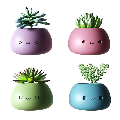 Cute Multi Colored Potted Bonsai Plants With Emoji Faces And Succulent Leaves 3d model