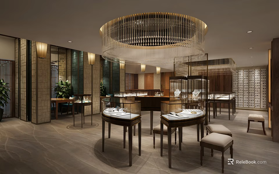 Luxury Jewelry Store Interior With Crystal Chandelier And Glass Display Cases 3d model 