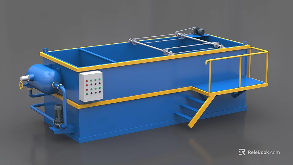 Blue Industrial Equipment Processing Tank With Control Panel Staircase And Yellow Handrails 3d model 