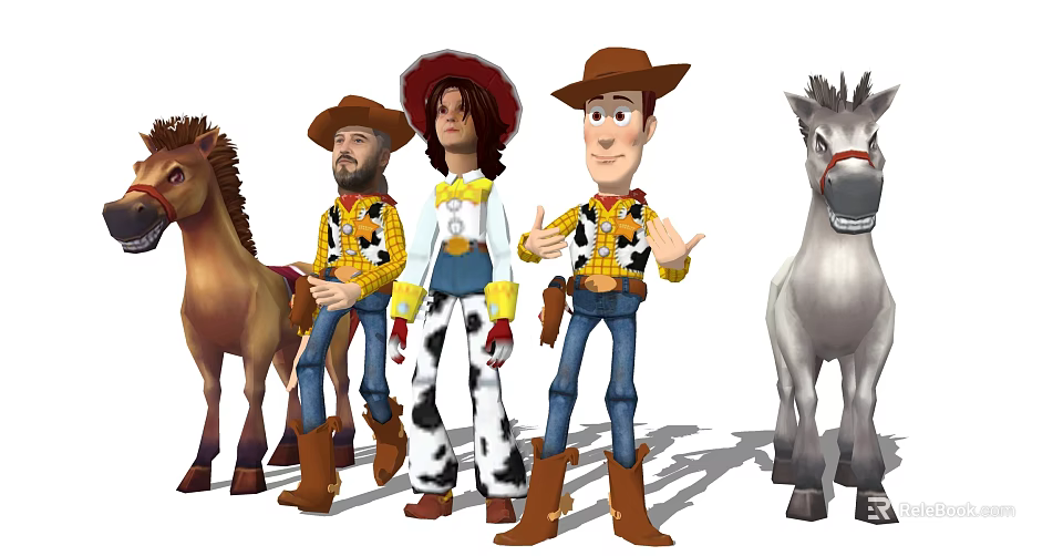 Animated Game Movie Characters With Cowboy Outfits Female Figure Spotted Pants And Horses 3d model 