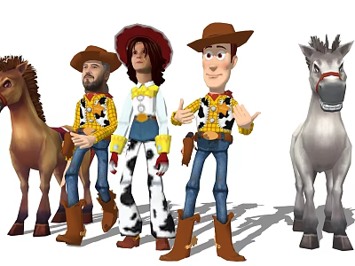 Animated Game Movie Characters With Cowboy Outfits Female Figure Spotted Pants And Horses 3d model