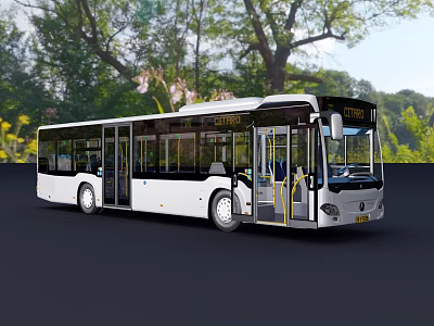 White Modern City Bus With Open Doors And Green Tree Surroundings 3d model
