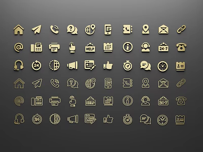 Gold Icon Collection With Various Symbols On Gray Background Including House Plane Phone And Envelope 3d model