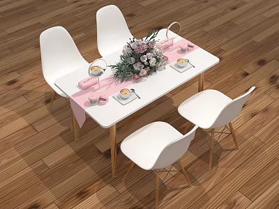 White Dining Table Set with Four White Chairs Pink Runner Fresh Flowers on Wooden Floor 3d model