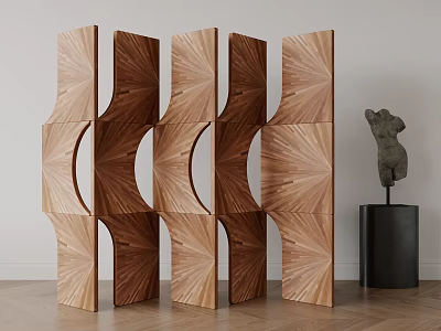 Wooden Room Divider With Geometric Cutouts And Radial Texture In Minimalist Interior 3d model