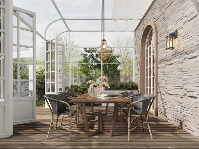 Cozy Glass Roof Cafe With Wooden Table Chairs Green Plants Stone Wall and Hanging Lamp 3d model