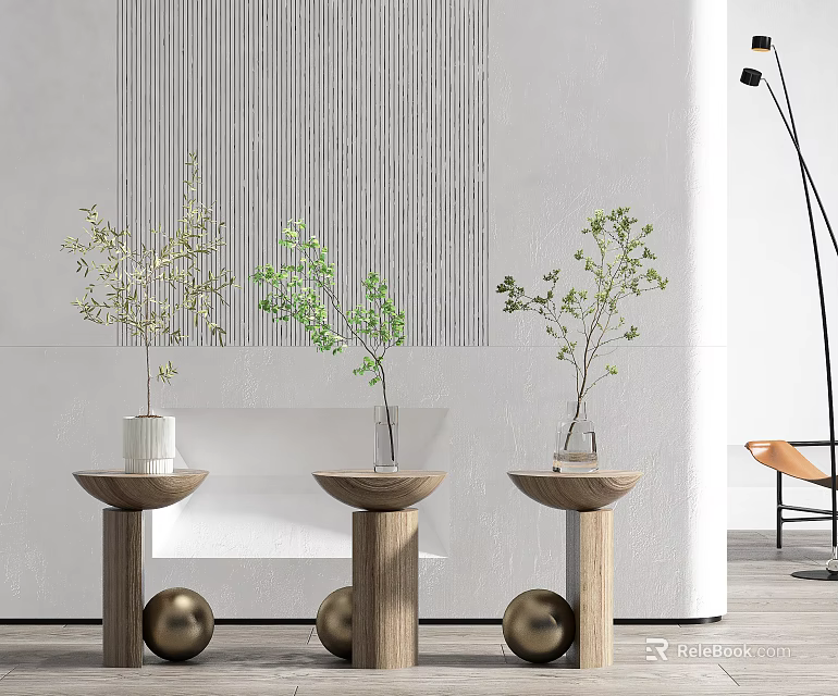 Green Plant Vases on Wooden Tables Against White Wall Striped Decoration Floor Lamp and Chair 3d model 
