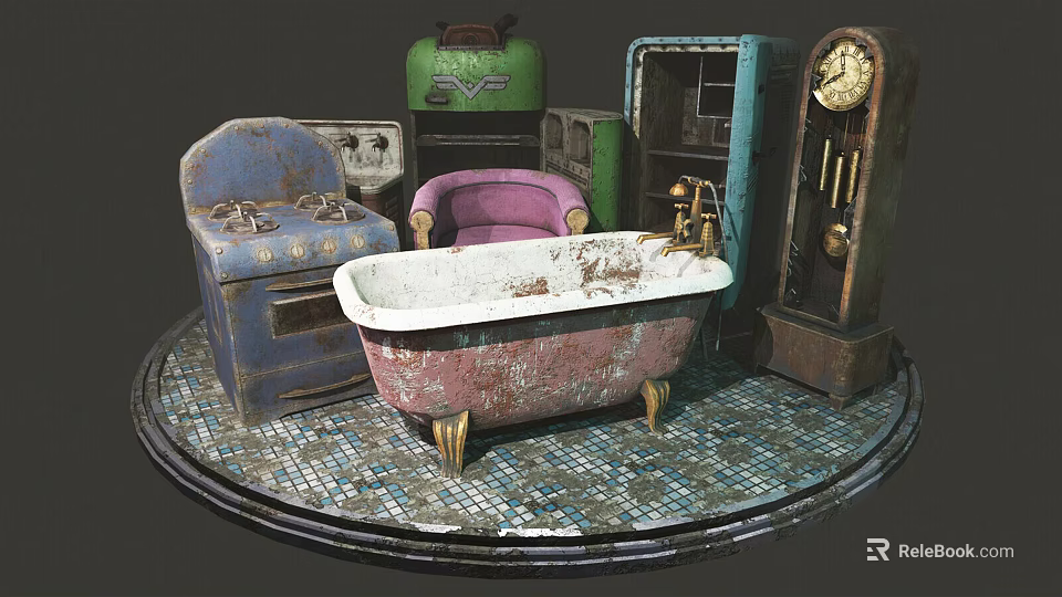 Vintage Electronic Appliances Collection Showcasing Old Radio Stove And Clock 3d model 