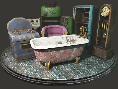 Vintage Electronic Appliances Collection Showcasing Old Radio Stove And Clock 3d model