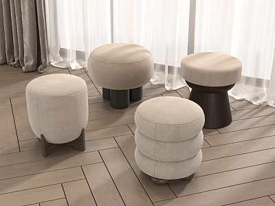 Set of Four Beige Upholstered Round Stools With Wooden Legs In Modern Indoor Space 3d model