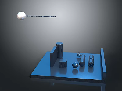 Abstract Geometric Model Structure On Blue Platform With Cube Cylinders Cone Chain Connected Hanging Sphere 3d model
