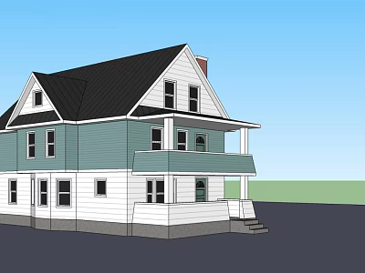 Two Story Detached House With Green Exterior Black Roof And White Window Frames 3d model