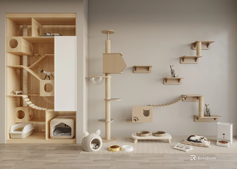 Stylish Wooden Cat Play Area With Tree Bed Wall Mounted Shelves And Bowls 3d model 