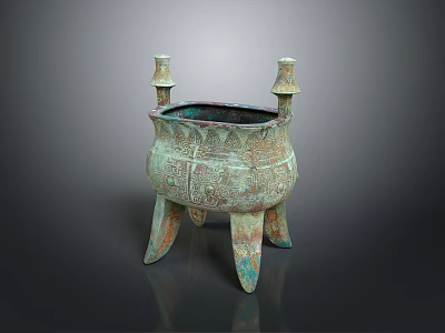 Ancient Bronze Tripod Cauldron Sculpture With Intricate Carvings And Columnar Handles 3d model