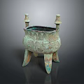 Ancient Bronze Tripod Cauldron Sculpture With Intricate Carvings And Columnar Handles