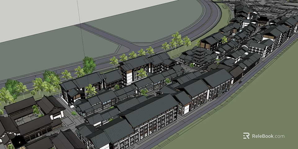 Traditional Commercial Street With Black Rooftops Well Arranged Buildings And Green Trees 3d model 