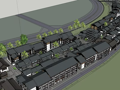 Traditional Commercial Street With Black Rooftops Well Arranged Buildings And Green Trees 3d model