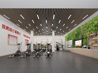 Modern Fitness Gym Interior With Various Workout Equipment Bright Lighting And Green Decor 3d model