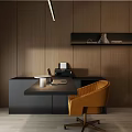 Modern Home Office Interior Design With Wooden Walls Black Desk Orange Armchair And Floating Shelf