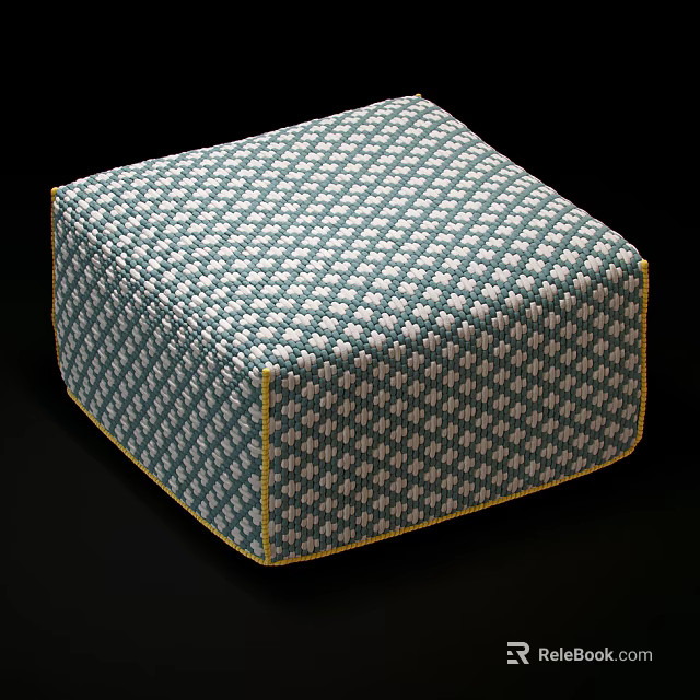 Square Blue and White Checkered Ottoman with Yellow Stitching and Fabric Upholstery 3d model 