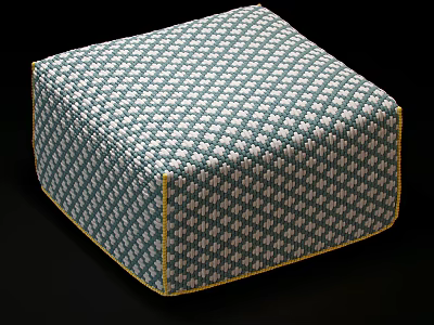 Square Blue and White Checkered Ottoman with Yellow Stitching and Fabric Upholstery 3d model