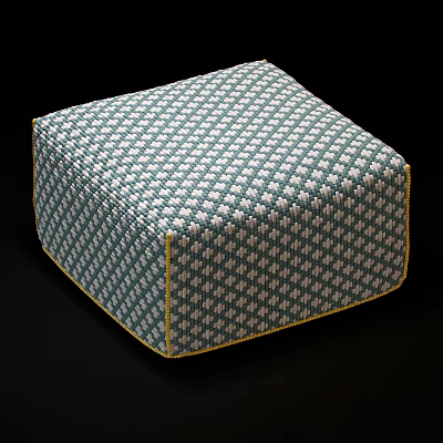 Square Blue and White Checkered Ottoman with Yellow Stitching and Fabric Upholstery 3d model
