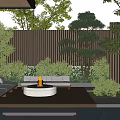 Modern Garden Landscape With Wooden Fence Outdoor Sofas Green Plants And Water Feature