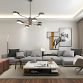Modern Living and Dining Area Interior With Brass Chandelier TV Wall White Armchair And Coffee Table