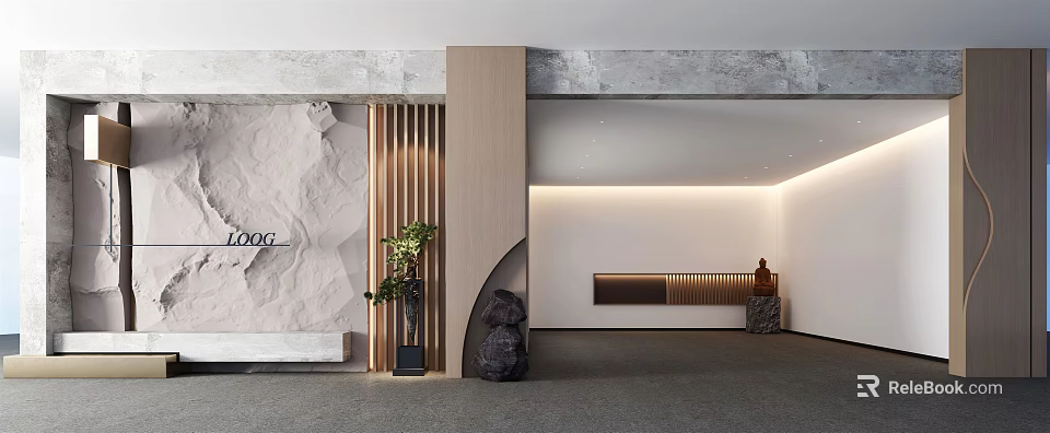 Modern Luxury Shopping Mall Store Entrance With Marble Wall Wooden Partition And Green Plants 3d model 