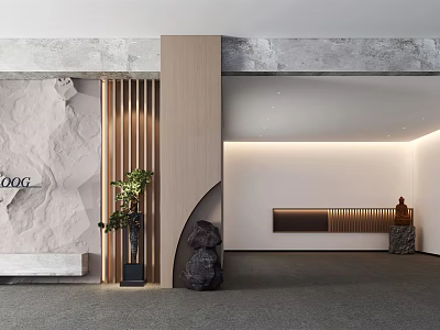 Modern Luxury Shopping Mall Store Entrance With Marble Wall Wooden Partition And Green Plants 3d model