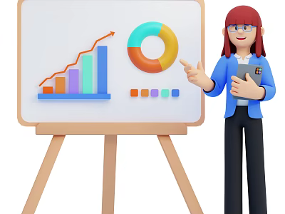Woman Holding Tablet Presenting Business Data With Colored Charts On Whiteboard 3d model
