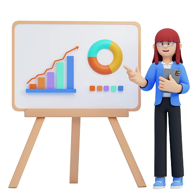 Woman Holding Tablet Presenting Business Data With Colored Charts On Whiteboard 3d model