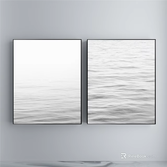 Two Panel Black And White Landscape Painting With Ocean Waves Ripple Texture 3d model