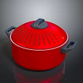 Red Cooking Pot With Perforated Lid And Two Side Handles For Kitchen Use