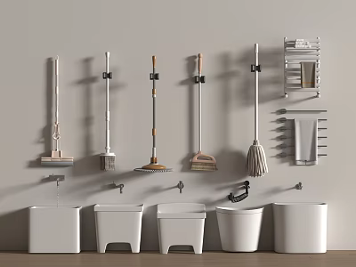 Practical Bathroom Accessories with Mops Brooms Towel Racks and Trash Bins 3d model