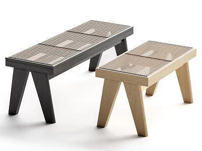 Two Minimalist Stools With Mesh Seats And Sleek Legs In Black And Natural Wood Tones 3d model