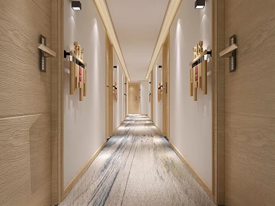 Modern Hotel Corridor Interior Design With Beige Walls Carpet And Wall Lamps 3d model