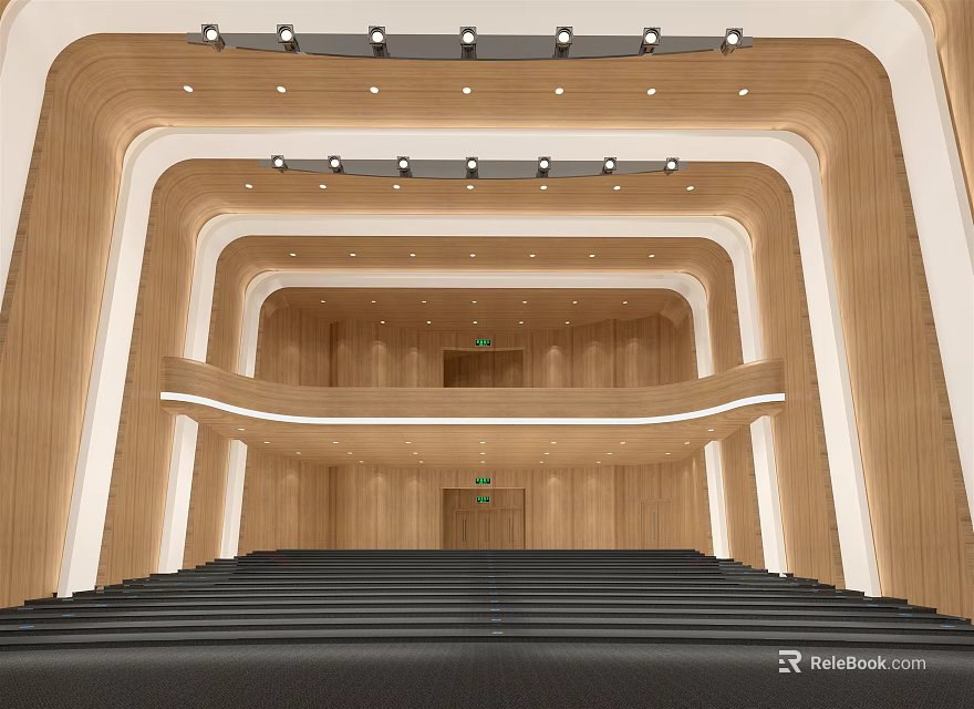 Book Art Inspired Interior With Wooden Multi Level Structure And Warm Lighting Design 3d model